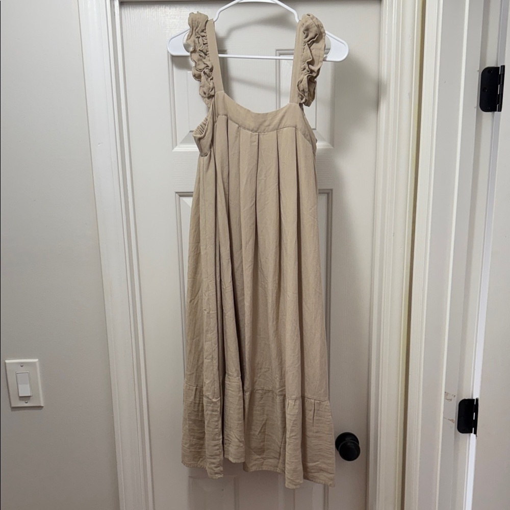 Elegant Beige Midi Dress with Ruffled Straps